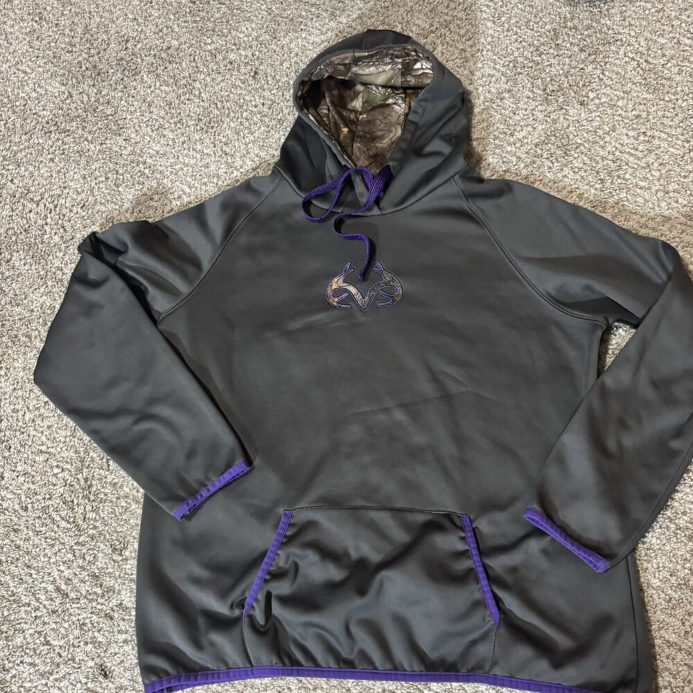 Realtree Men's Activewear Hoodie Pullover Gray Purple Camo Lined Hood Kangaroo